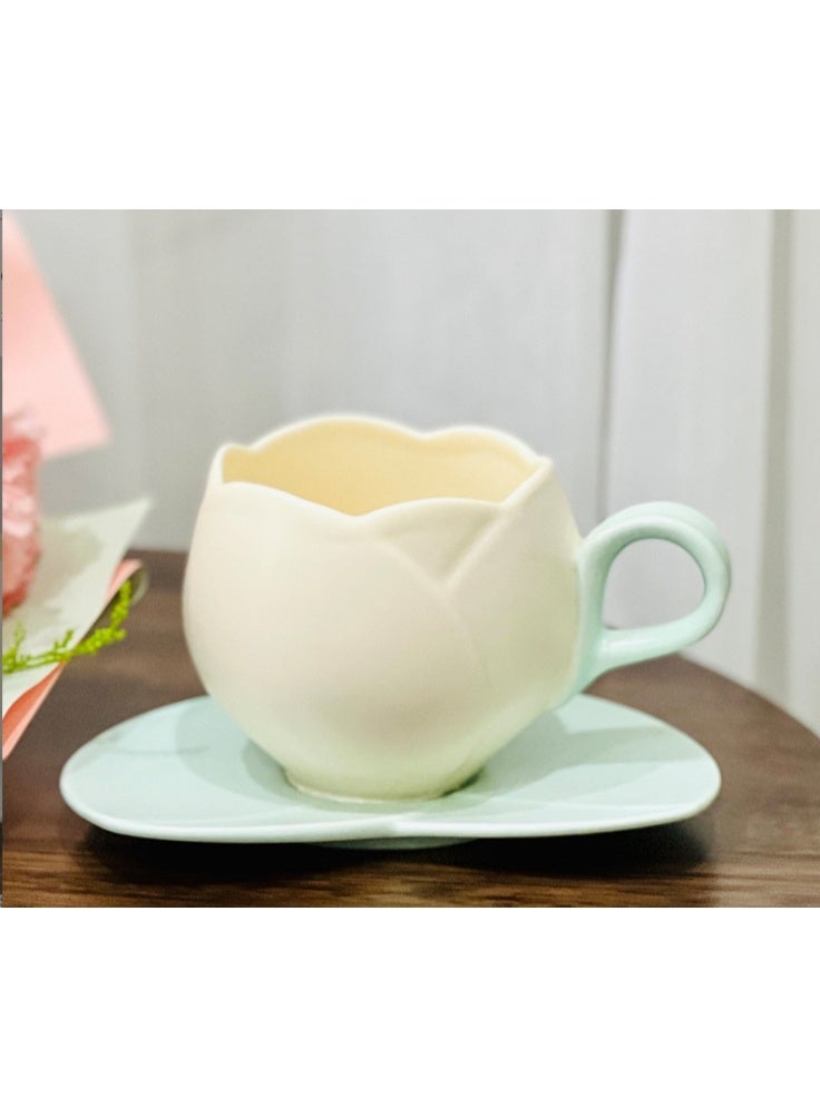 OASIS-TH Ceramic Coffee Mug with Saucer Set, Creative Tulip Cup Unique Irregular Design for Office and Home, Dishwasher and Microwave Safe, Cute Cup for Latte Tea Milk (300ML) - Image 1